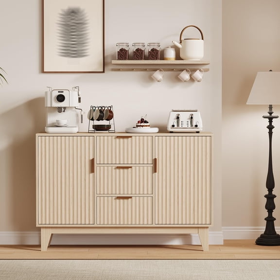 Garvee Fluted Sideboard Buffet Cabinet with Storage & 2 Doors and 3 Drawers, Farmhouse Kitchen Storage Cabinet & Coffee Bar Console Table for Dining Room