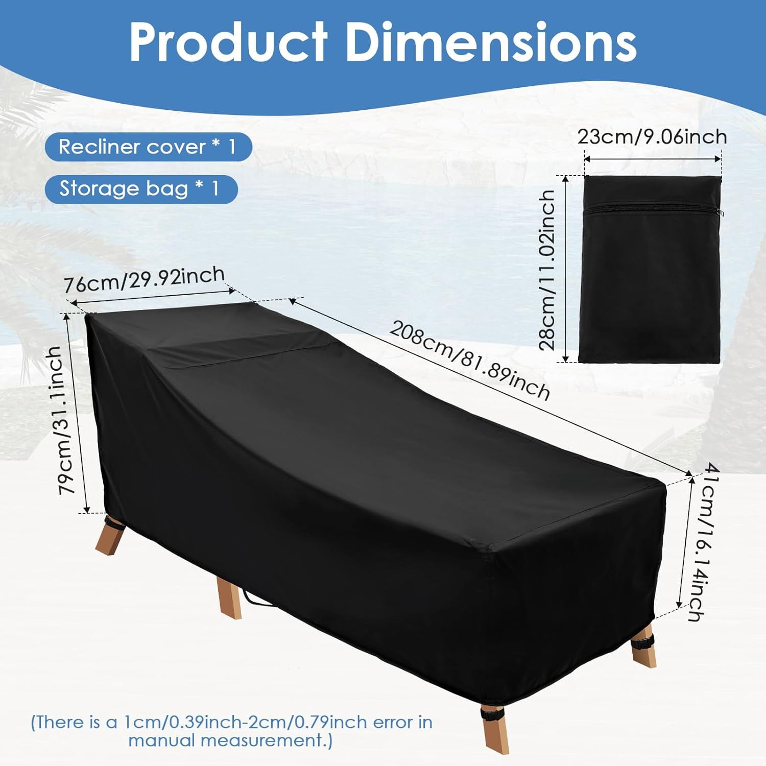 Outdoor Lounge Chair Cover, 420D Waterproof Lounge Chair Covers with Straps, Heavy Duty Patio Furniture Covers for Pool Lounge Chair Lawn Bench Furniture, Fits up to 81L x 29W x 31H inch, 1 Pack