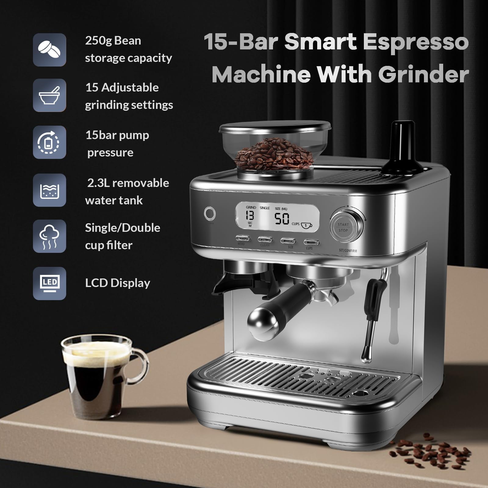 Semi-Automatic Espresso Machine with PID Control & LCD Display - 15 Bar Pump for Latte & Cappuccino - Perfect Gift for Coffee Lovers