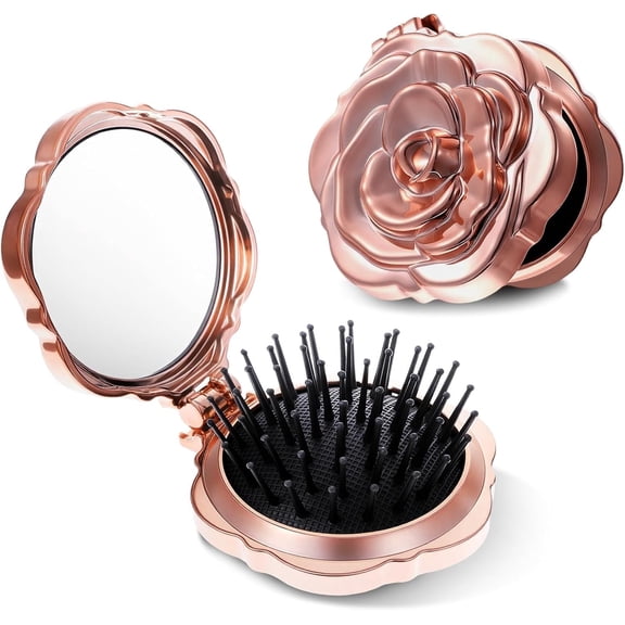 OPALESQUE 2 Pcs Travel Folding Hair Brush for Women, Rose Gold Small Hair Brush for Purse, Compact Mini Hairbrush with Mirror, Portable Pocket HairBrush for Women Girls Wet and Dry Hair