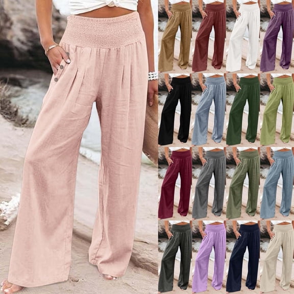 Breezora Women's Linen Wide Leg Pants Summer Casual Drawstring Elastic High Waist Trousers With Pockets Beach Palazzo Loose Breathable Relaxed Fit