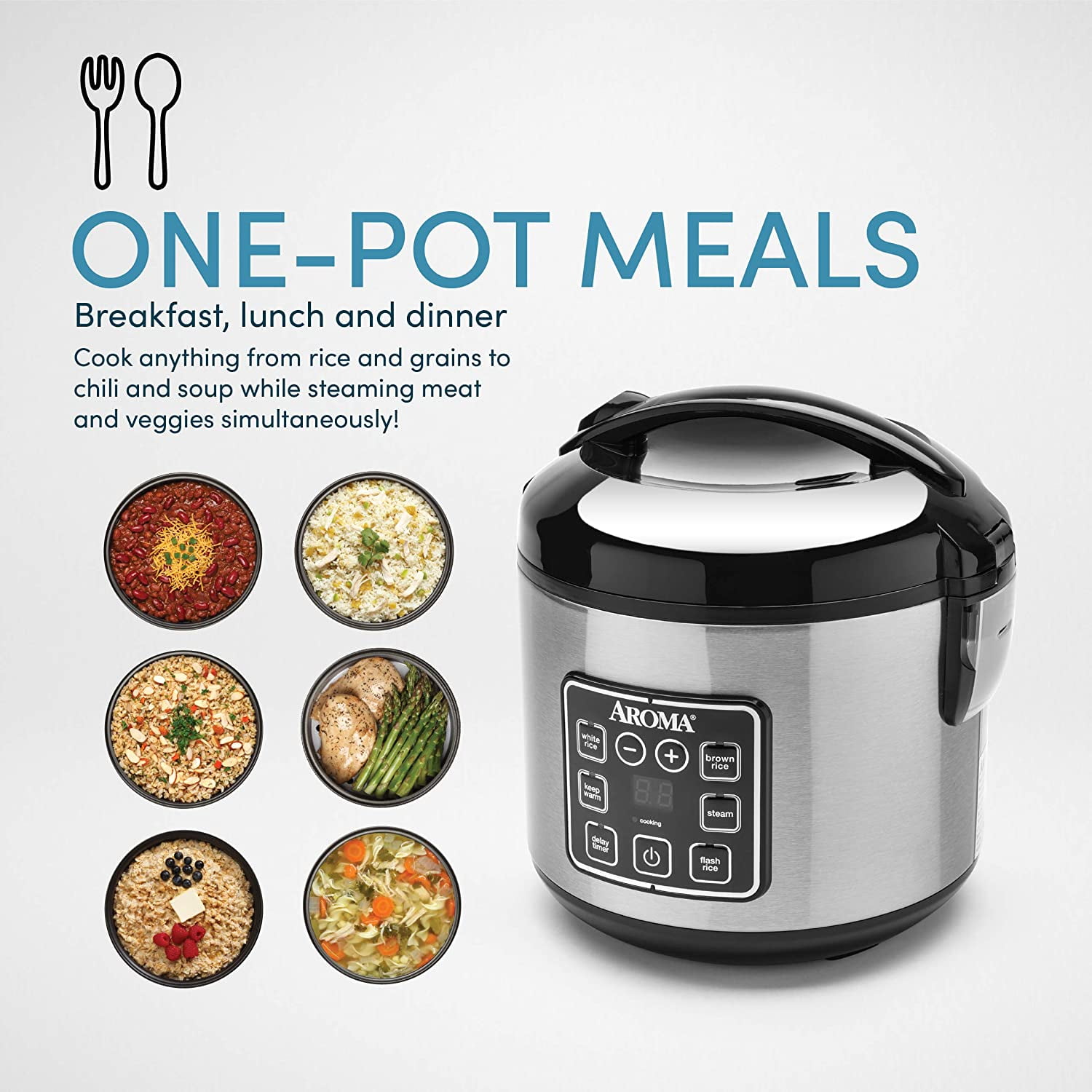 AROMA Cool-Touch Rice Grain Cooker and Food Steamer Stainless Silver 8-Cup  (Cooked) / 2Qt. 