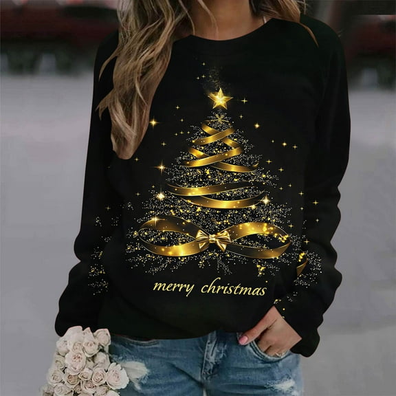 ‌FDGIU Women's Christmas Sweatshirt 2025 – Fleece Lined Pullover, Merry & Bright Holiday Top