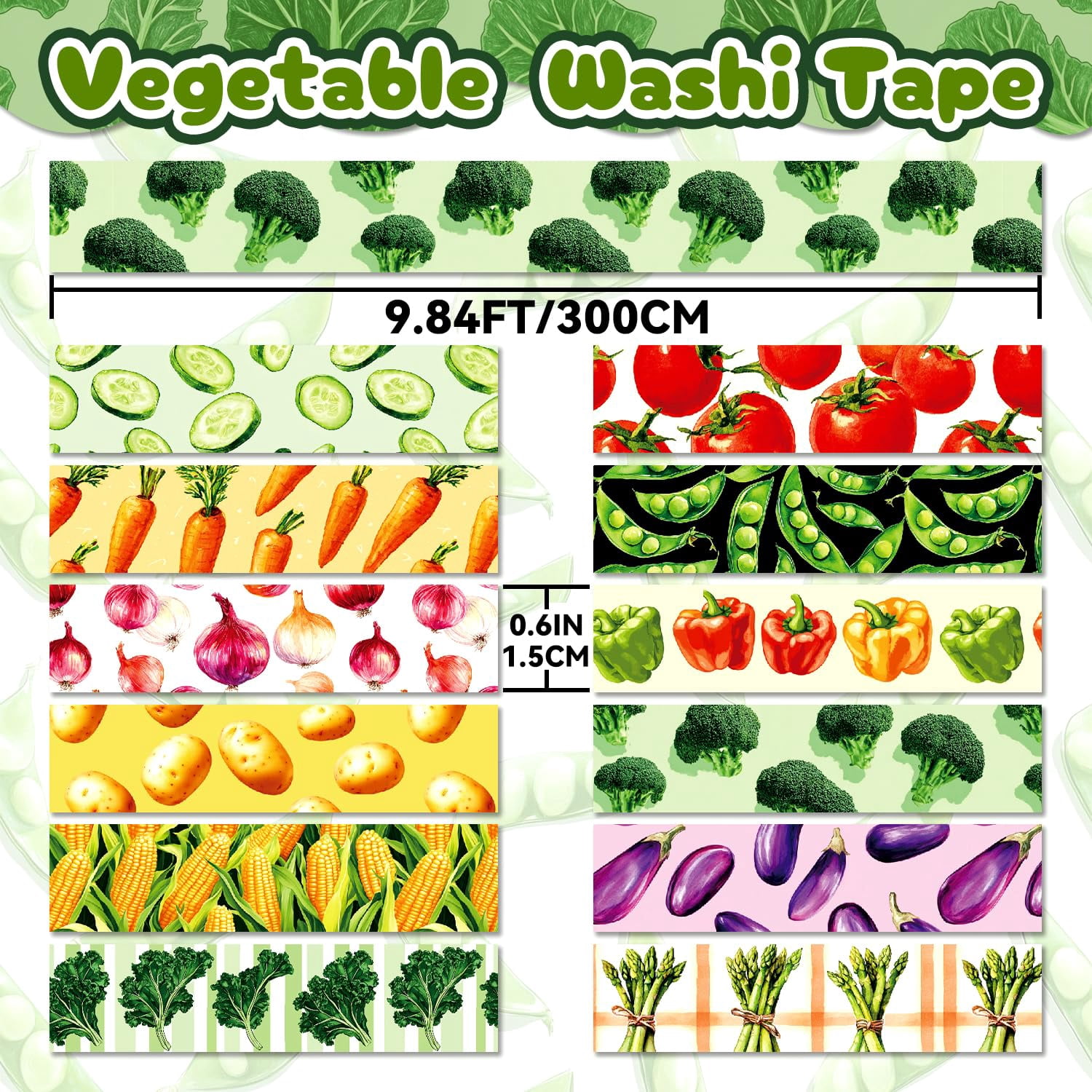 Vegetable Washi Tape Set of 12 Rolls, Cute Garden Pattern Decorative Tape, Tomato Carrot Corn Masking Tape for Journaling Supplies, Kitchen Planner, Garden Scrapbooking, Recipe Journal