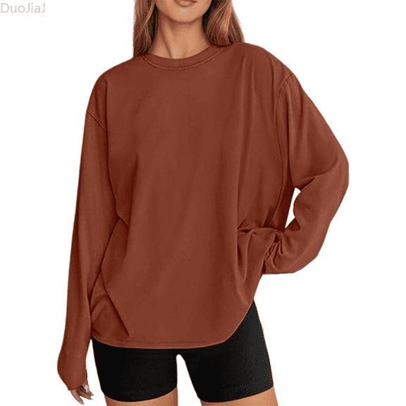 Duojiaj Womens Oversized Long Sleeve T Shirts 2026 Basic Crewneck Tee Fall Tops Casual Workout Y2K Clothes