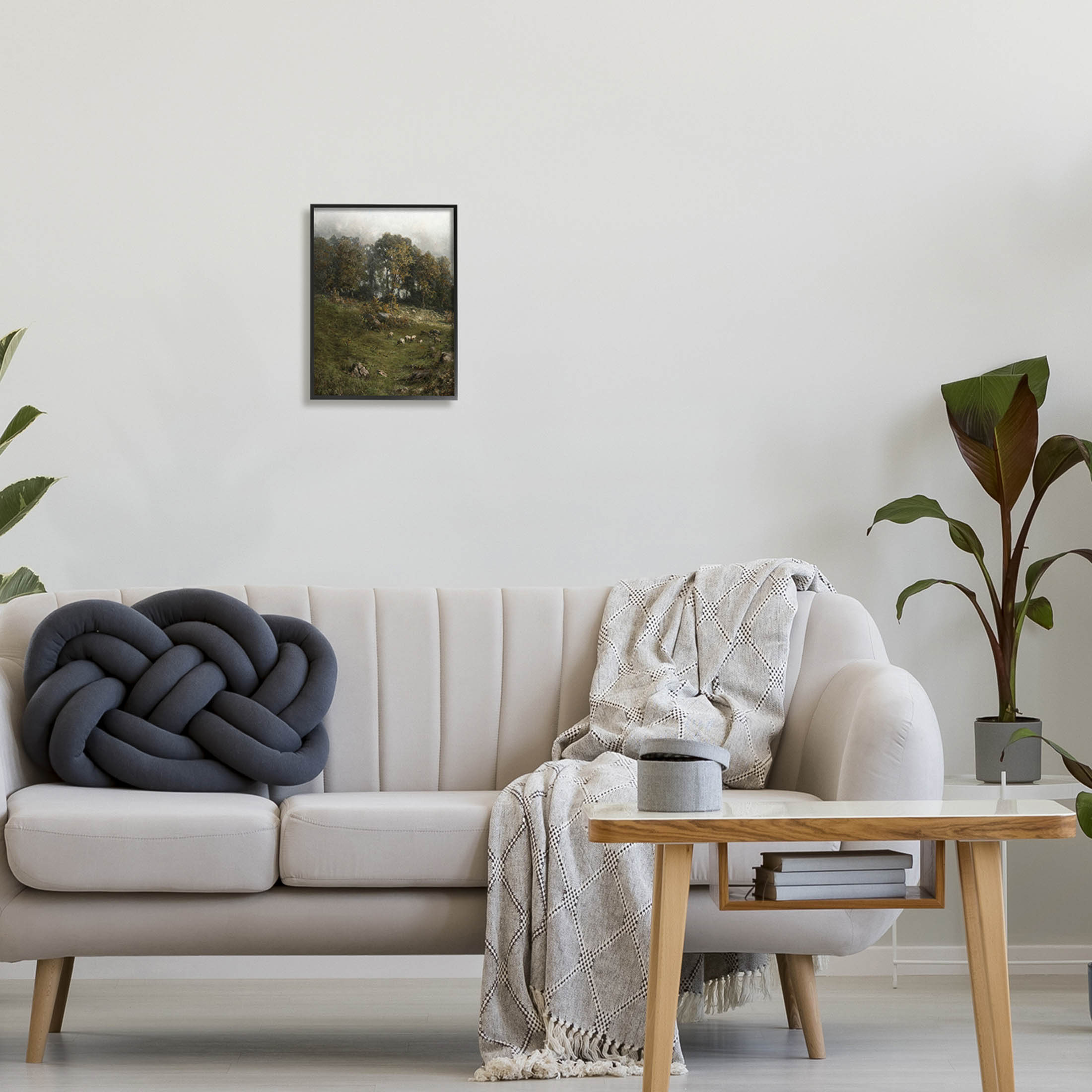 Classic Farm Field Grazing Animals Landscape Painting Black Framed Art Print Wall Art