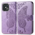 thumbnail image 1 of Wallet Case for iPhone 11, PU Leather Flip Protective Phone Case Wrist Strap Card Slots Holder Pocket Emboss Butterfly Flower Stand Case for iPhone Light Purple, 1 of 7