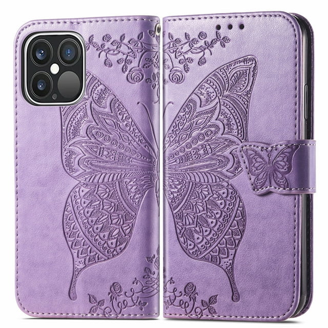 Wallet Case for iPhone 7/8 plus, PU Leather Flip Protective Phone Case Wrist Strap Card Slots Holder Pocket Emboss Butterfly Flower Stand Case for iPhone Light Purple