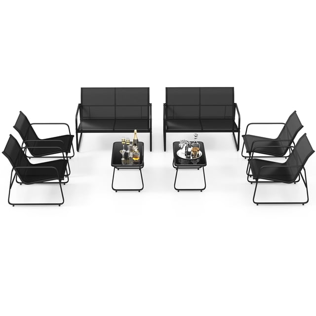 Gymax Ensemble de Mobilier d'Extérieur 8 Pcs avec Verre Trempé et Table Basse, Chaise, Causeuse, Patio