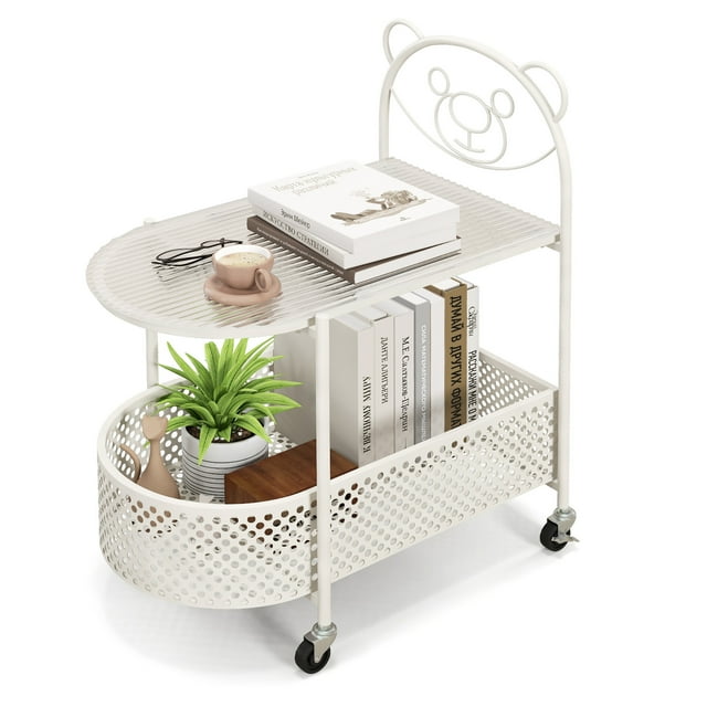 Gymax 2-Tier Mobile Glass Coffee Table w/ Bear Pattern Storage Basket Transparent & White