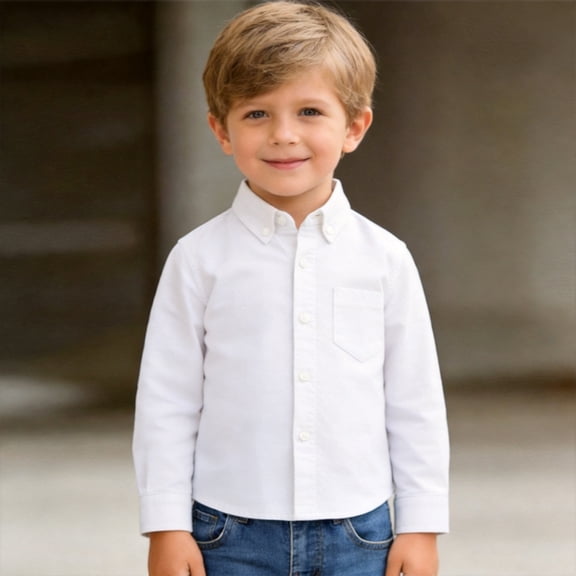 Boys Long Sleeve Dress Shirts Casual Button Down Shirts White Tops for 6-7 Years
