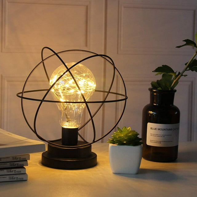 Metal Table Lamp, Light Bulb Night Light Bedside Lamp Floor Lamp, Battery Operated Nordic Style Iron Desk Lamp Creative Night Light Decorative Lighting (Earth)