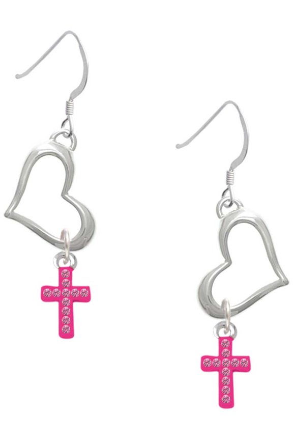 Silvertone Small Hot Pink Crystal Cross Open Heart French Earrings