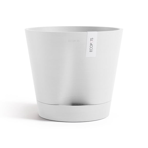 Ecopots Venice 2 Durable Modern Round Indoor/Outdoor Recycled Based Composite Flower Pot Planter w/ Water Reservoir, Pure White, 12"