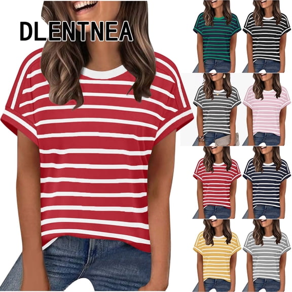 Dlentnea Womens Striped Tops Short Sleeve Shirts Summer Fashion Outfits Dressy Casual Business Blouse Clothes