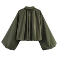 thumbnail image 4 of Lutiedan Cropped Zip Up Jacket for Women Lapel Puff Long Sleeve Pleated Coat Casual Baggy Trendy Colid Color Outerwear,Army Green,S, 4 of 6