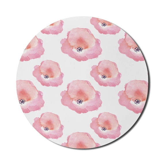 Watercolor Mouse Pad for Computers, Artwork of Repetitive Flower Silhouettes Paint Blots, Round Non-Slip Thick Rubber Modern Gaming Mousepad, 8" Round, Pink Coral, by Ambesonne