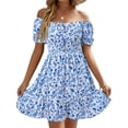 thumbnail image 3 of Square Neck Womens Boho Floral Smocked Short Sleeve Ruffle Beach Summer Mini Dress, 3 of 7