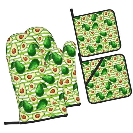 

Zeuib Avocado Green Striped Oven Mitts and Potholders BBQ Gloves Kitchen Oven Glove High Heat Resistant 500 Degree Extra Long Oven Mitts and Potholder with Non-Slip Silicone Surface for Cooking