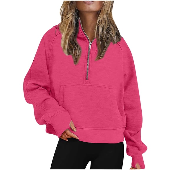 Bibifish Womens Hoodies Bold Solid Color Half Zip Thumb Hole Hooded Sweatshirts Cropped Loose Fit Pullover Tops For Ladies