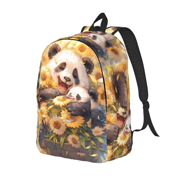 Disketp Cute Panda Sunflower Mochila de Lona Estampada, Mochila Escolar de Viaje Ligera para Estudiantes y Portátil-Small