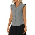 thumbnail image 4 of Blusa de mujer con volantes de cuadros Gingham Inspire Chic, cuello en V, manga corta, talla XS, color negro, 4 of 6