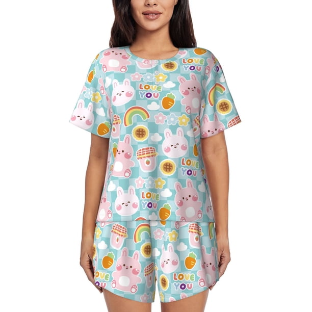Fotbe Love You Rabbit Conjunto de Pijama Estampado para Mujer, 2 Piezas, Ropa de Dormir con Camiseta de Manga Corta y Shorts Suaves-Large