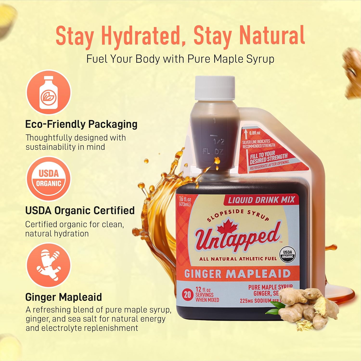 UnTapped Ginger Mapleaid - 20 Servings 16 fl oz Bulk Bottle Maple Syrup, Real Ginger & Sea Salt | Soothing Hydration Electrolytes & Digestive Support Ideal Running Fuel Powered by Pure Vermont Maple