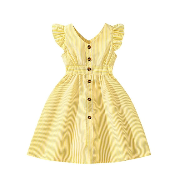 PINQI Toddler Girls Sleeveless Dresses Kids Girls Skirt Summer Children's New Clothing Primary School Dress Children's Fashion Button Princess Dresses (Yellow-1,7 Years)