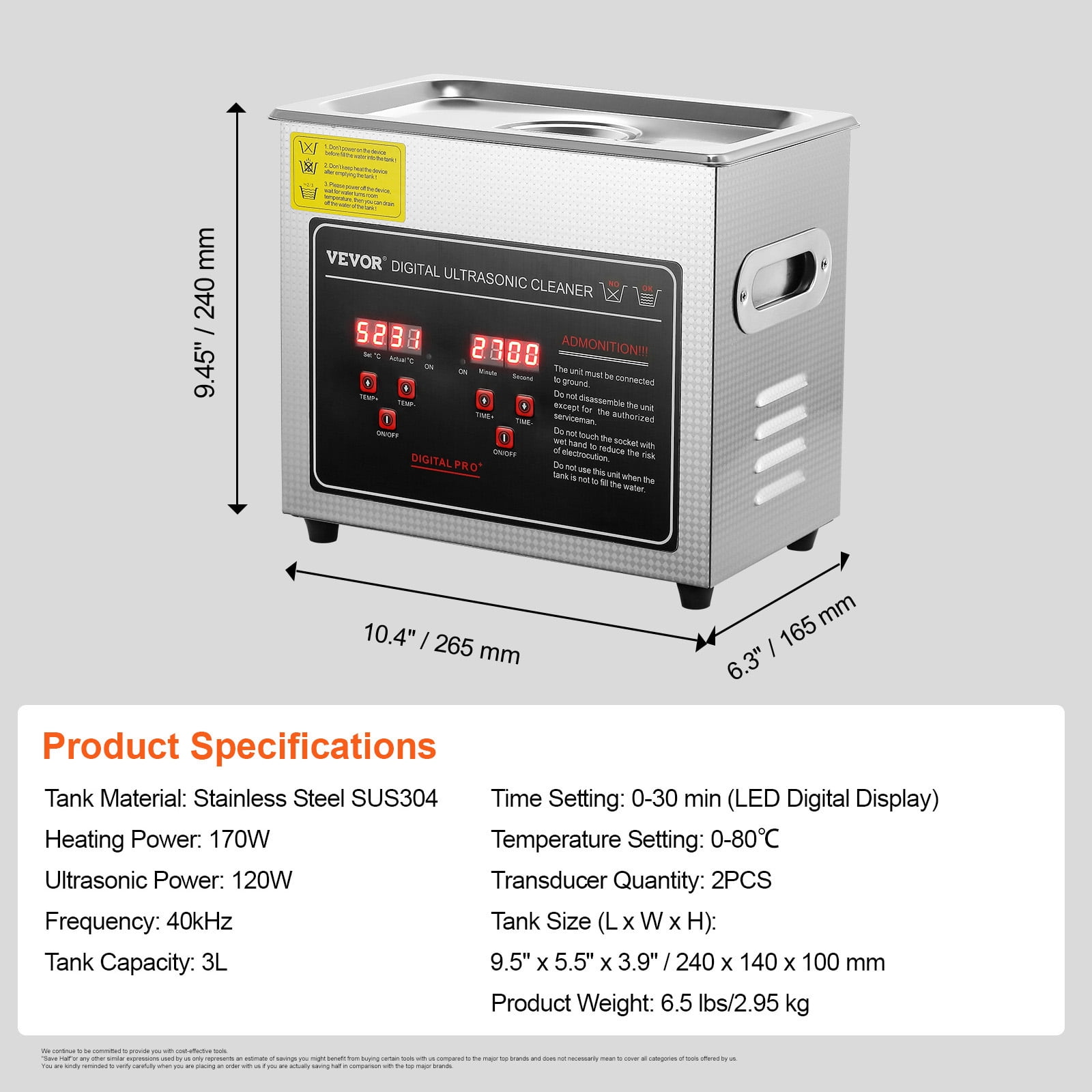 KFFKFF Ultrasonic Cleaning Device with Programmable Timer & Warming Element, Expert Grade Sonic Jewelry Cleaning Unit, Stainless Steel Warming Cleaning Apparatus for Watches,Circuit Boards (3L)