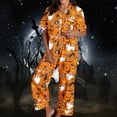 thumbnail image 5 of Womens Halloween Pajamas Full Theme Printed Silk Short Sleeve Button Down Lapel Pocket Shirts Loose Straight Casual Pants Comfy Nightwear Fall Winter 2 Pc Womens Loungewear Set Orange XXL, 5 of 7