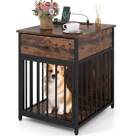 JJUN Dog Crate End Table with Charging Station, Small Dog Kennel Furniture with Drawer, Chew-Resistant Metal Tube, Lockable Door, Indoor Pet Cage Side Table for Small Dogs, Rustic Brown