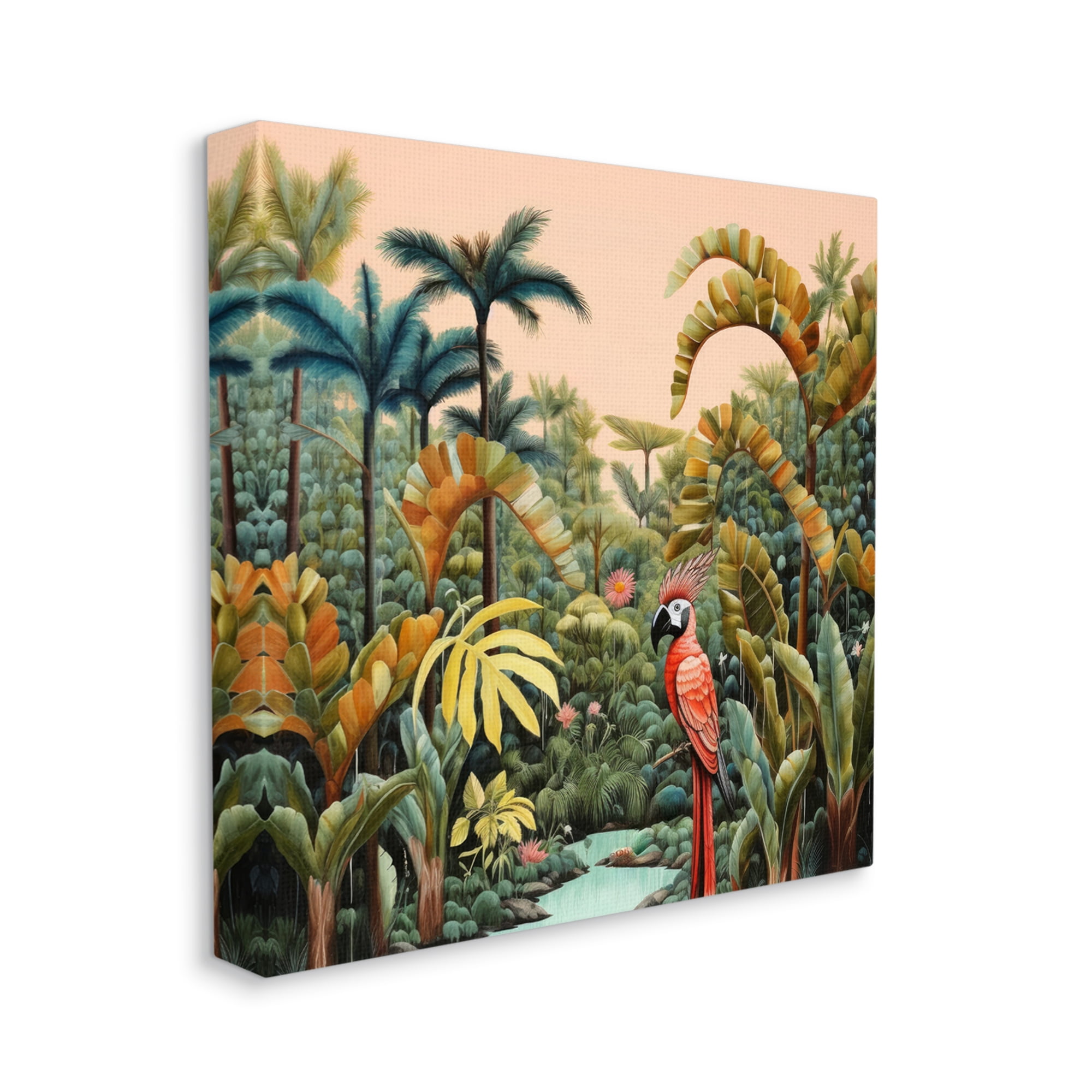 Stupell Industries Parrot in Tropical Vegetation Landscape Painting Gallery Wrapped Canvas Art Print Wall Art, 36 x 36