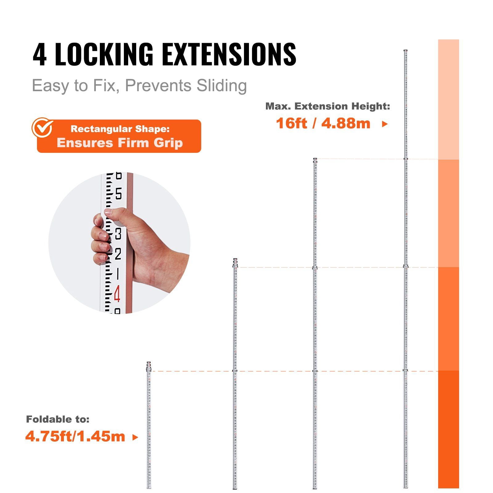 16ft Aluminum Telescopic Leveling Rod, 4-Section Survey Stick w/ Bubble Level & Carrying Case - Double-Sided 1/10ft Scale for Floor/Wall
