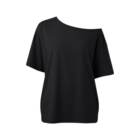 SnZhen Women's Summer Off Shoulder Short Sleeve T-Shirt Loose Fit Casual Solid Color Tee Black L