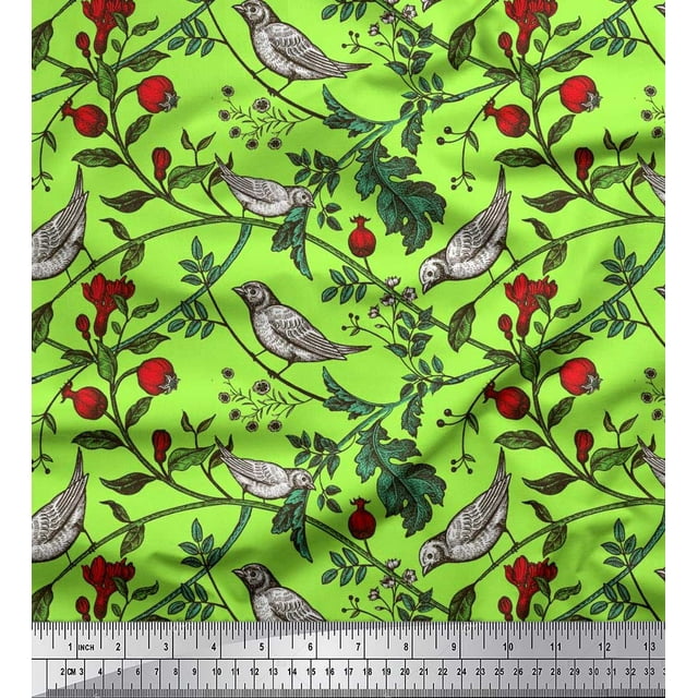 Soimoi Satin Silk Fabric Bird & Leaf Bird Print Fabric by the Yard 42 Inch Wide