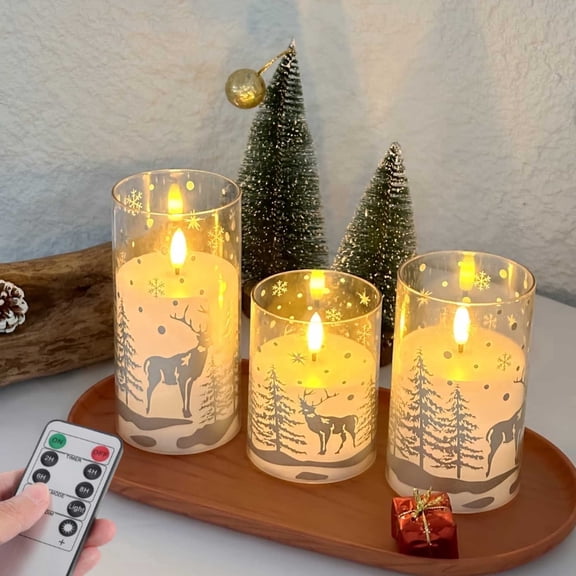 ZHIGAO Duoli 3-Pack Christmas Flameless Candles - Reindeer and Snowflakes, Remote Control/Timer, Home/Wedding Decor