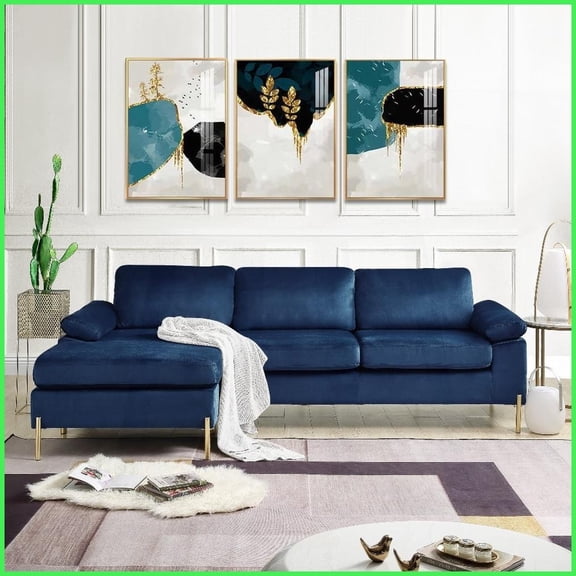 Mid-Century Modern Plush Velvet L-Shaped Sectional Sofa with Chaise for Living Rooms