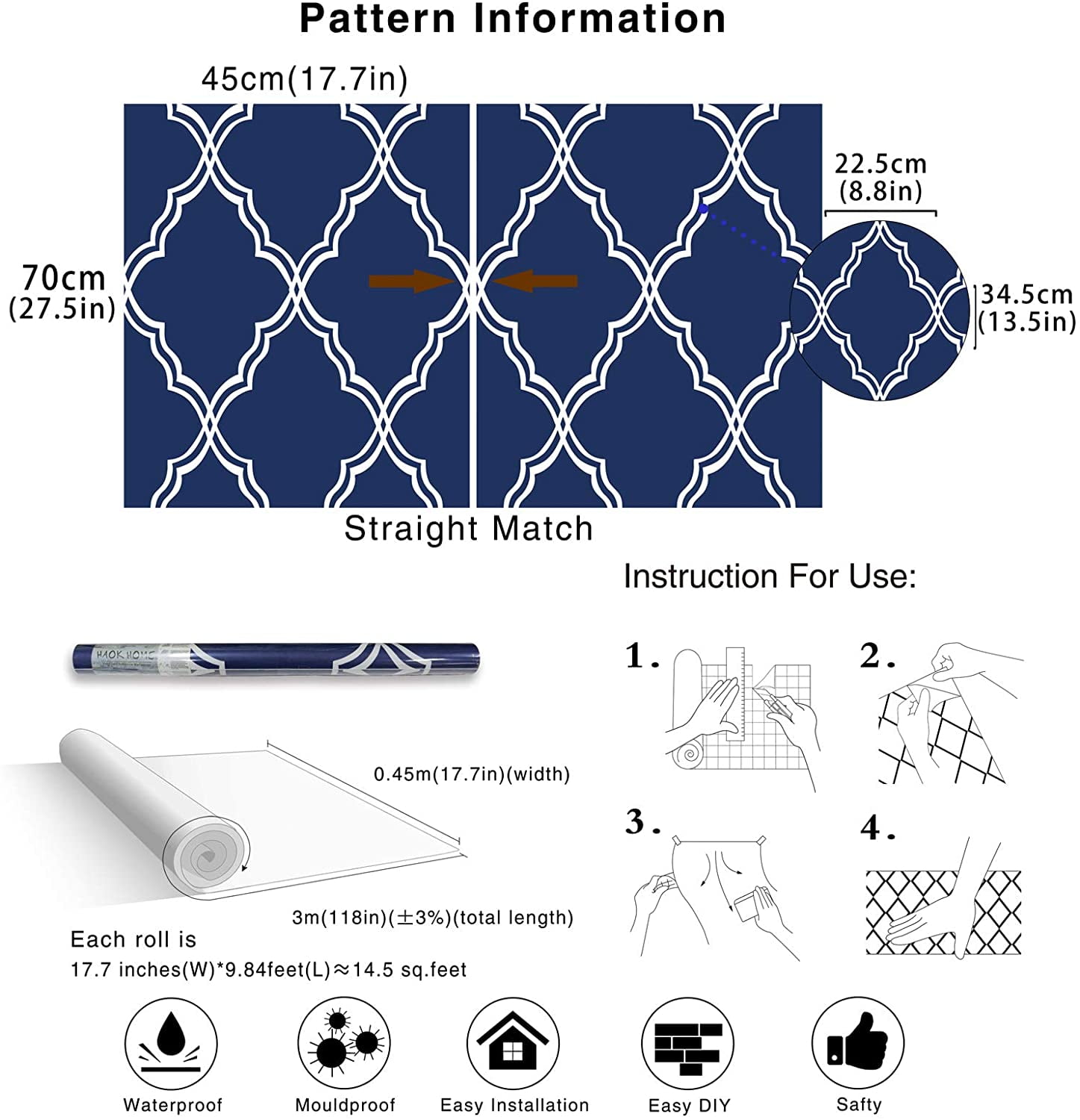 Geometric Peel and Stick Wallpaper Trellies Classical Removable Navy/White Mural Home Wall Decor 17.7in x 9.8ft