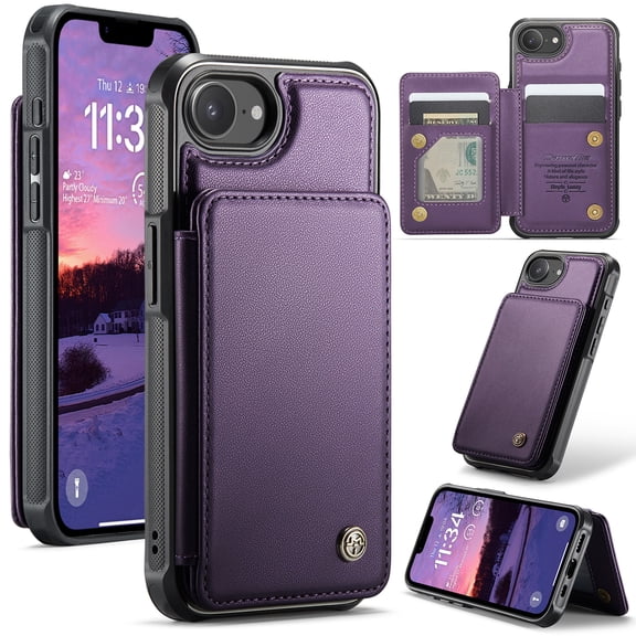 For iPhone 17 E Case with Card Holder, Wallet Flip Cover Case with RFID Blocking, Durable Leather Kickstand Magnetic Clasp Shockproof Phone Case for Women Men,Purple