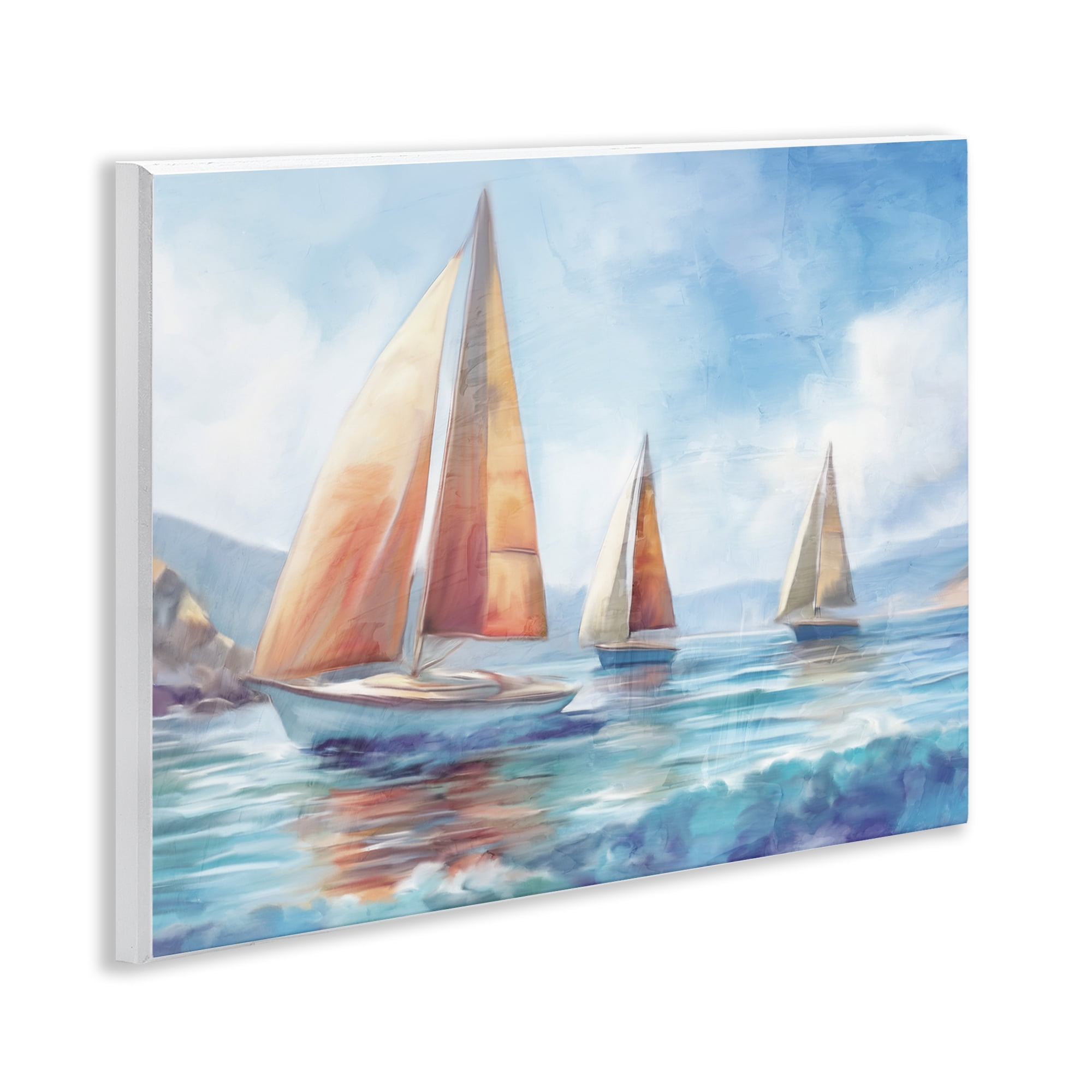 Stupell Industries Three Boats Drifting Coastal Painting Unframed Art Print Wall Art, 14 x 11