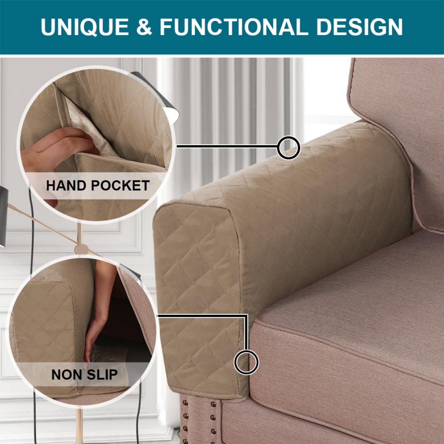 2 Pack Waterproof Armrest Covers Couch for Chairs and Sofas Couch Arm Covers with Side Pocket, Non-Slip Armrest Protectors Washable Armrest Slipcover (Khaki)