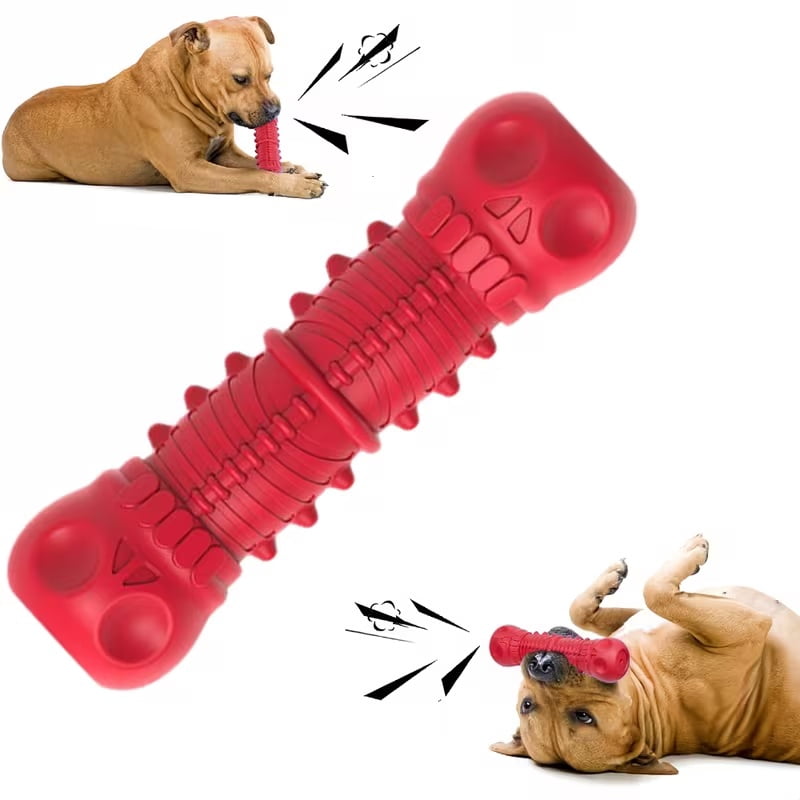 1 Indestructible Natural Rubber Chew Toy for Large Dogs and Aggressive Chewers - Squeaky Dental Health Toy with Textured Ridges, Durable Interactive Play Red Chew Bones for Medium Size Dogs, Dog Toys