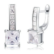White Gold Plated Princess Cut Cubic Zirconia Drop Leverback Earrings Sterling Silver Square Simulated Diamond CZ Dangle Earrings for Women Hypoallergenic