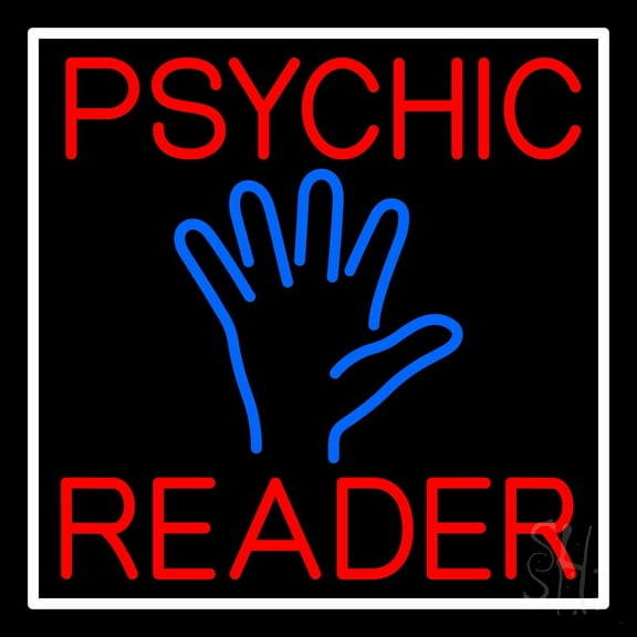 Red Psychic Reader Blue Palm With White Border LED Neon Sign 24" Tall x 24" Wide - inches Black Square Cut Acrylic Backing, with Dimmer - Bright and Premium built indoor LED Neon Sign for Storefront.