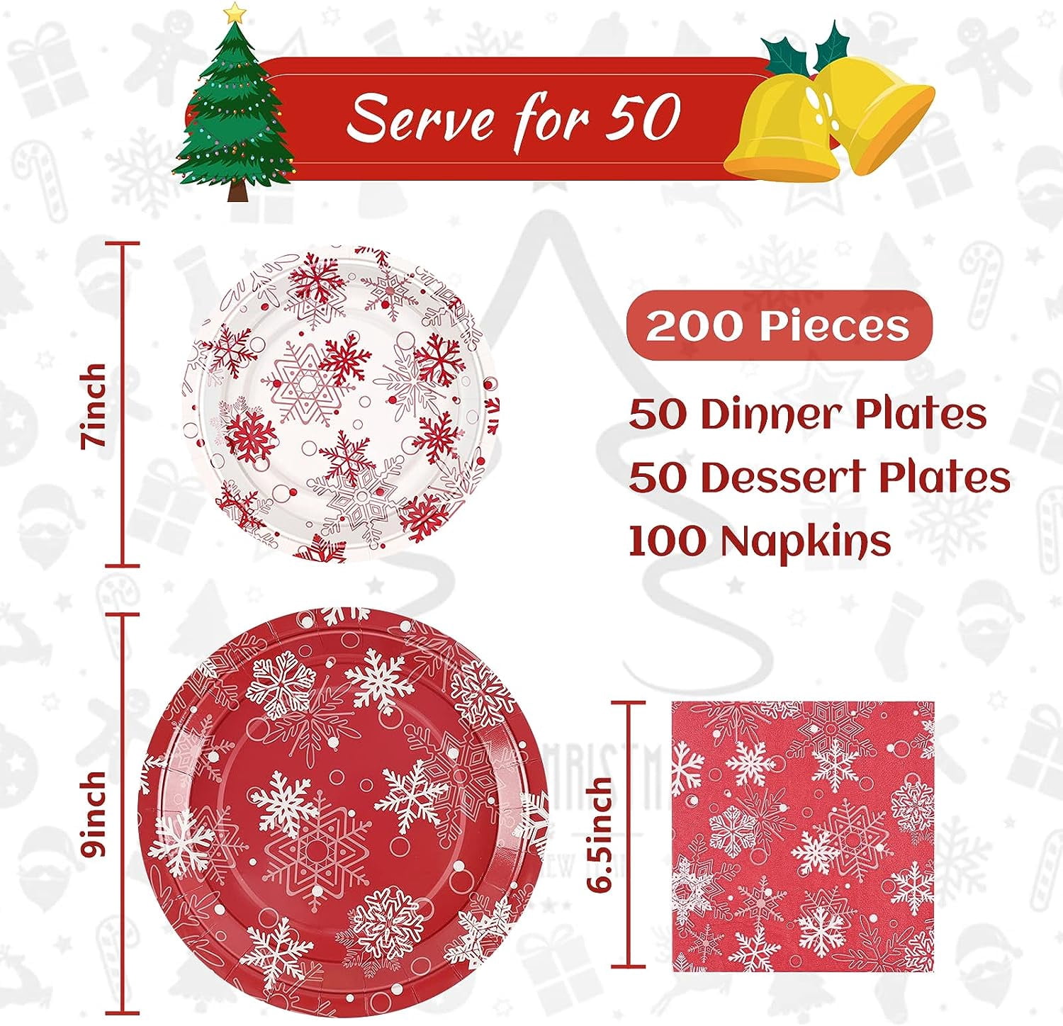Waipfaru 200 PCS Christmas Paper Plates and Napkins White Snowflake Party Supplies Red Disposable Dinnerware Set for Christmas Decor