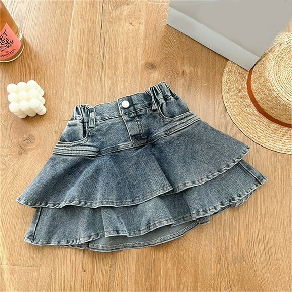 SJLDQY Girls Skirt Little Denim Mini Flared Pleated Toddler Jean With Underneath Shorts