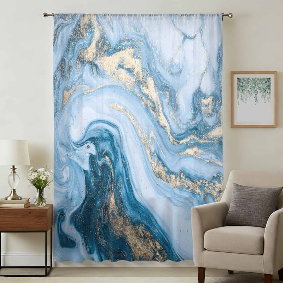 Blue Gold Marble Sheer Curtains 54 Inches Long, Vintage Abstract Geometric Gradient Light Filering Curtains, Breathable Simi Curtain Privacy Drapes for Kitchen Bathroom Nursery Small Window Treatment