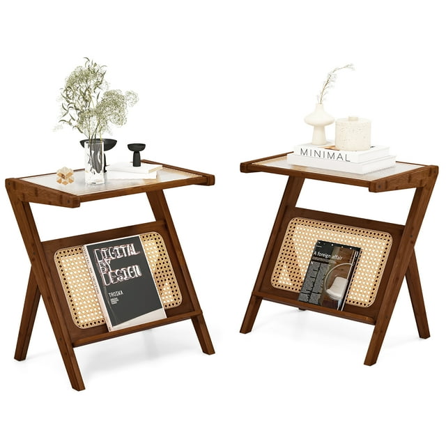 Gymax 2 Pcs Table d'Appoint Bohème avec Porte-Revues Table de Chevet Polyvalente en Bambou avec Tablette en Rotin Noyer