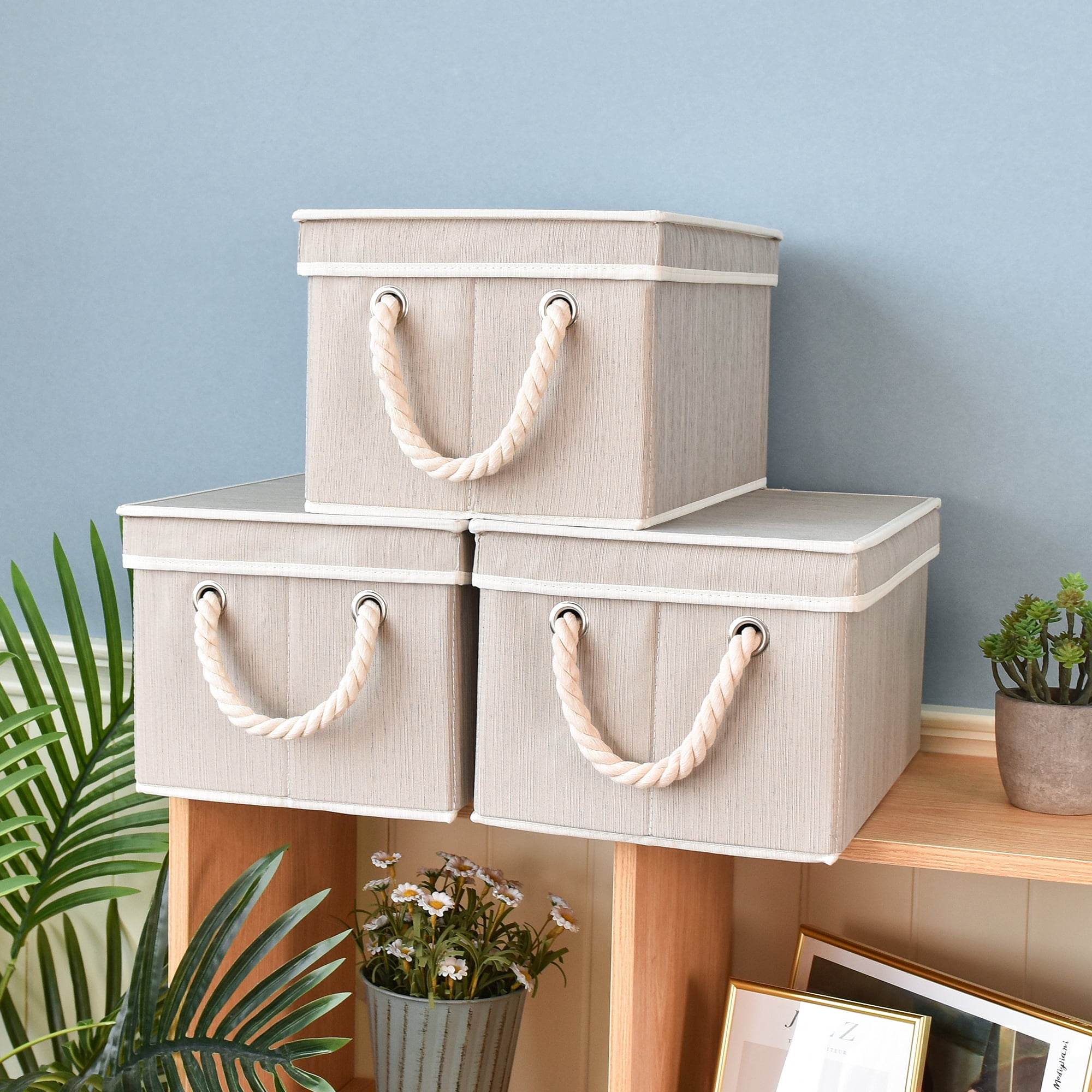 Foldable Fabric Storage Bins With Lids, Canvas Storage Boxes For Shelves